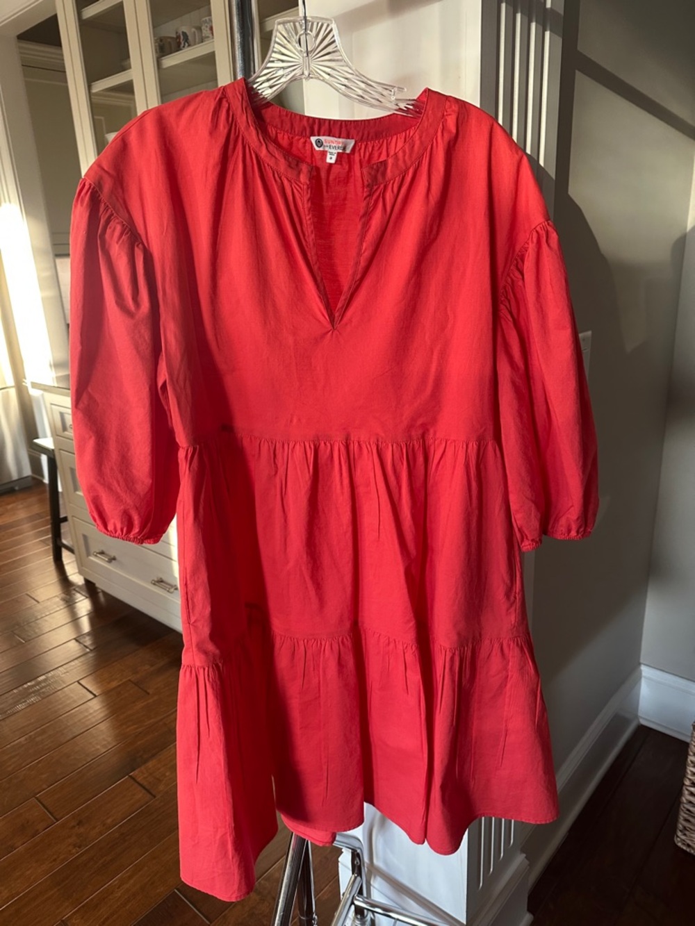 Sundry Bright Coral Tiered V-Neck Mini Dress